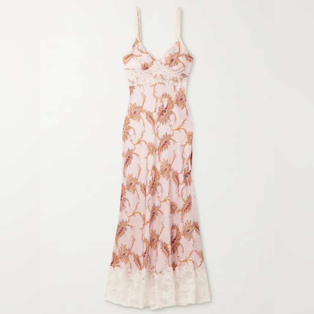 PACO RABANNE Lace-Trimmed Paisley-Print Satin Maxi Dress 34 NWT